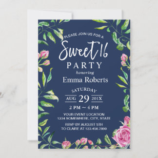 Sweet 16 Elegant Watercolor Floral Blue Einladung