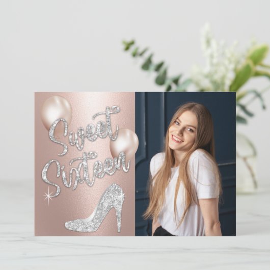 Sweet 16 Elegante Rose Gold & Silver Foto Geburtst Einladung (Stehend Vorderseite)