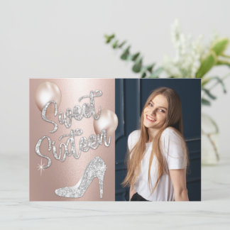 Sweet 16 Elegante Rose Gold & Silver Foto Geburtst Einladung
