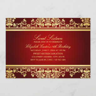 Sweet 16 Elegante rote und goldene Damast-Einlad Einladung