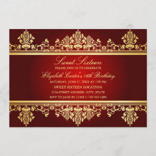 Sweet 16 Elegante rote und goldene Damast-Einlad Einladung
