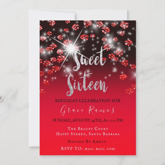 Sweet 16. Elisabeth Red Gray Silver Ombre Foto Einladung (Rückseite)