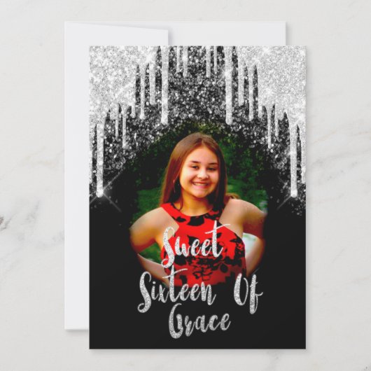 Sweet 16. Elisabeth Red Gray Silver Tropfens Foto Einladung (Vorderseite)