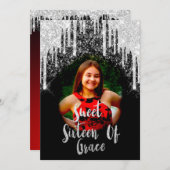 Sweet 16. Elisabeth Red Gray Silver Tropfens Foto Einladung (Vorne/Hinten)