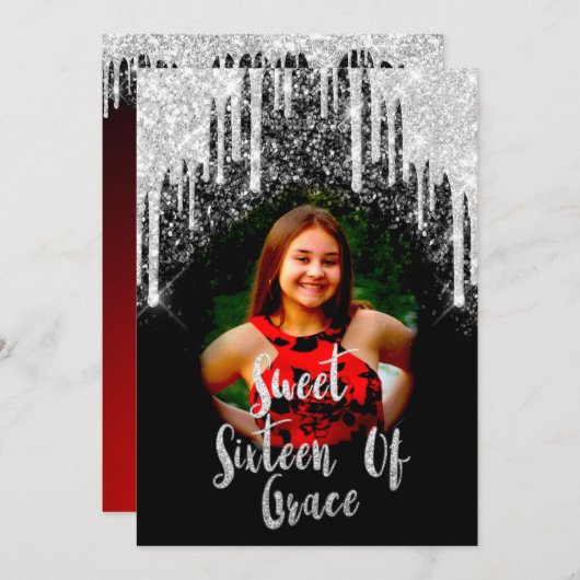 Sweet 16. Elisabeth Red Gray Silver Tropfens Foto Einladung (Vorne/Hinten)