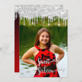 Sweet 16. Elisabeth Red Gray Silver Tropfens Foto Einladung (Vorne/Hinten)