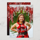 Sweet 16. Elisabeth Red Gray Silver Tropfens Foto Einladung (Vorne/Hinten)