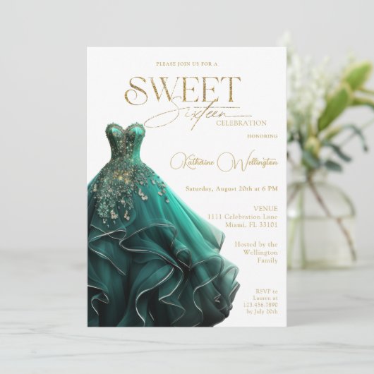 Sweet 16 Emerald Green Dress Gold Einladung (Stehend Vorderseite)