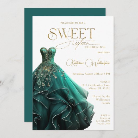Sweet 16 Emerald Green Dress Gold Einladung (Vorne/Hinten)