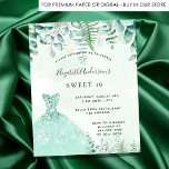 Sweet 16 enchanted forest dress invitation postkarte<br><div class="desc">A trendy invitation for a Sweet 16, 16th birthday party, enchanted forest theme. A green watercolored background with ferns and eucalyptus greenery, a green dress. The name is written with a modern hand lettered style script. Personalize and add your party details. Tip: If you don't want it to look like...</div>
