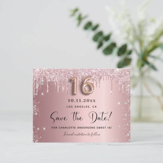 Sweet 16 errötet pink silber Save the Date Ankündigungspostkarte (Stehend Vorderseite)