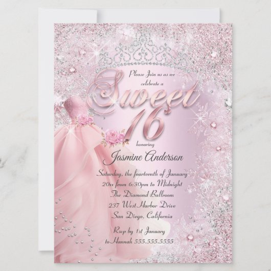 Sweet 16 errötet Pink Winter Wunderland Tiara Einladung (Vorderseite)