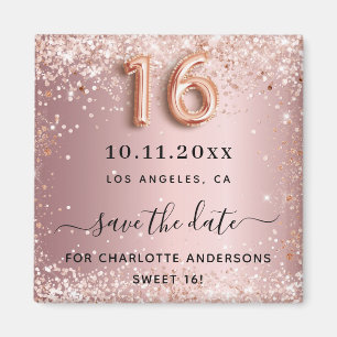 Sweet 16 errötet rosa Glitzer Staub Save the Date Magnet
