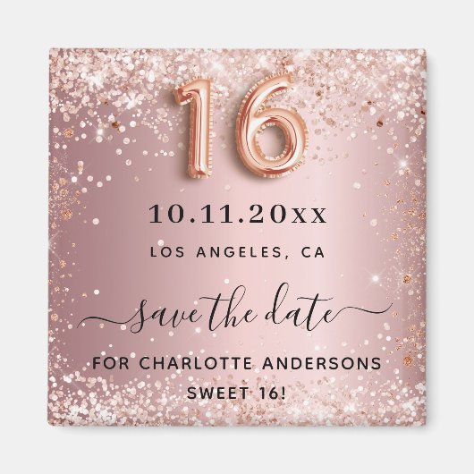 Sweet 16 errötet rosa Glitzer Staub Save the Date Magnet (Vorne)