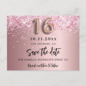 Sweet 16 errötete rosa Glitzer Save the Date Ankündigungspostkarte (Vorderseite)