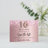 Sweet 16 errötete rosa Glitzer Save the Date Ankündigungspostkarte (Stehend Vorderseite)