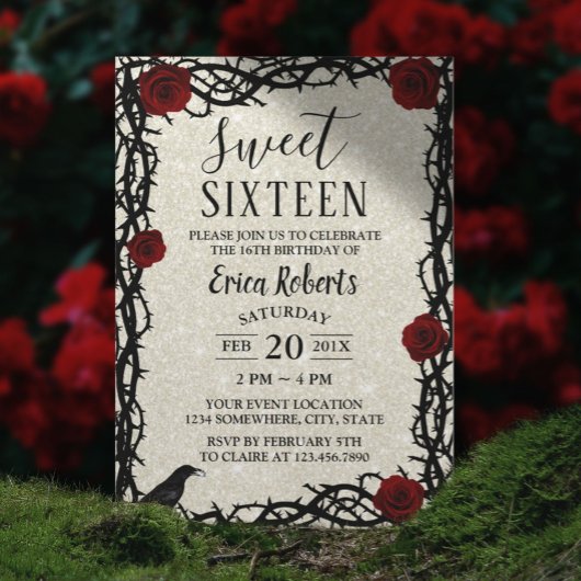 Sweet 16 Fairytale Rote Rose & Thorn Moderner Glit Einladung