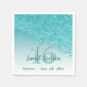 Sweet 16 Falling Aquamarin Blue Glitzer & Monogram Serviette (Vorderseite)