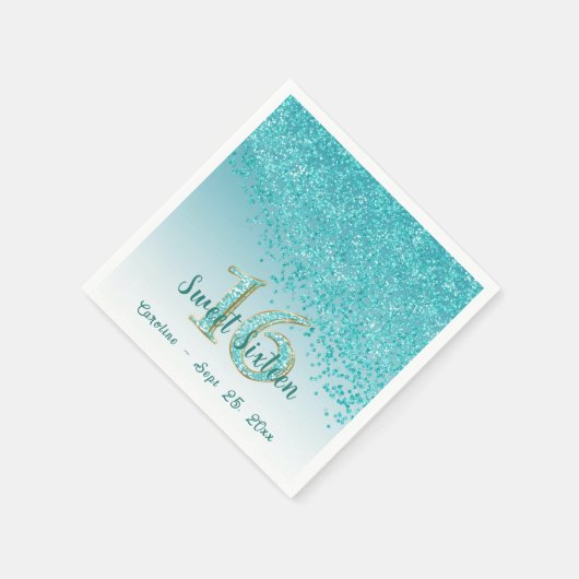 Sweet 16 Falling Aquamarin Blue Glitzer & Monogram Serviette (Ecke)