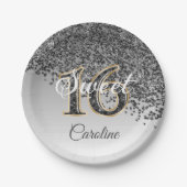 Sweet 16 Falling Black Glitter & Monogramm Pappteller (Vorderseite)