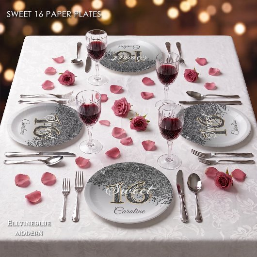 Sweet 16 Falling Black Glitzer & Monogram Pappteller
