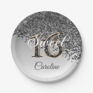 Sweet 16 Falling Black Glitzer & Monogram Pappteller