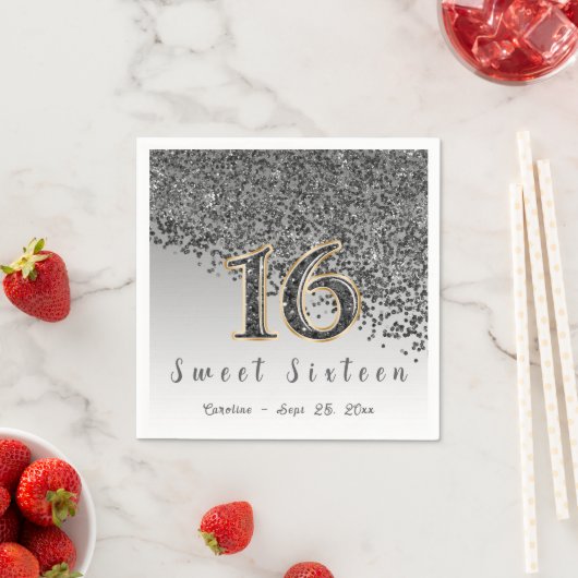 Sweet 16 Falling Black Glitzer & Monogram Serviette (Beispiel)