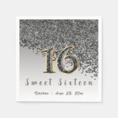 Sweet 16 Falling Black Glitzer & Monogram Serviette (Vorderseite)