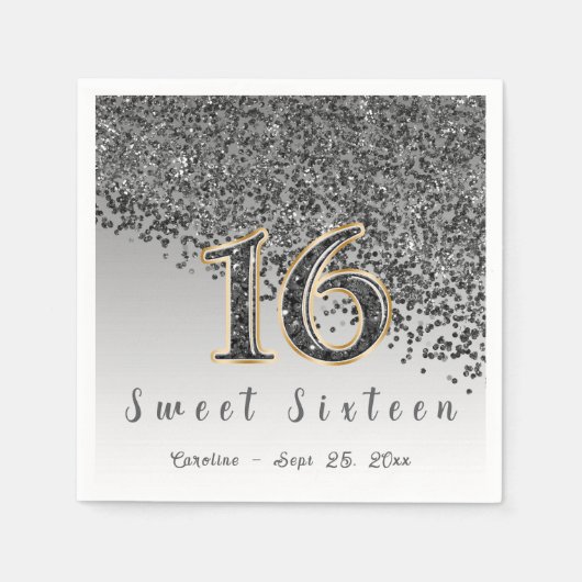 Sweet 16 Falling Black Glitzer & Monogram Serviette (Vorderseite)