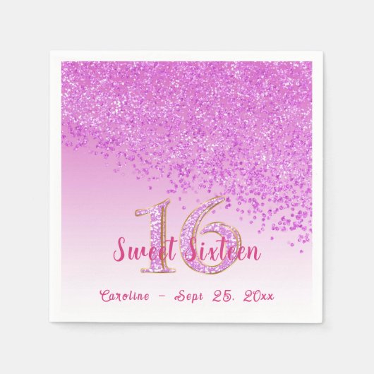 Sweet 16 Falling Pink Glitzer & Monogram Napkins Serviette (Vorderseite)