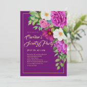 Sweet 16 farbenfrohe Floral Wasserfarbe Lila Einladung (Stehend Vorderseite)