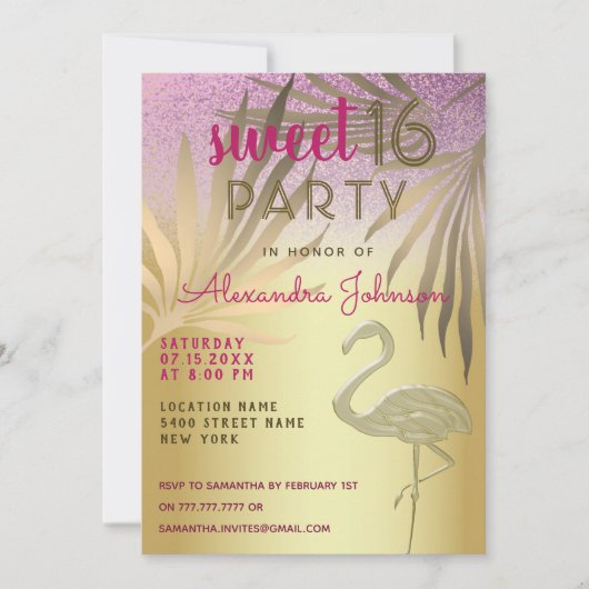 Sweet 16 Flamingo Pink und Gold Glitzer Einladung (Vorderseite)