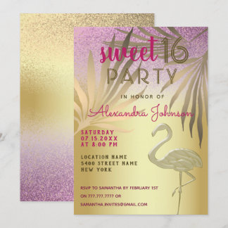 Sweet 16 Flamingo Pink und Gold Glitzer Einladung