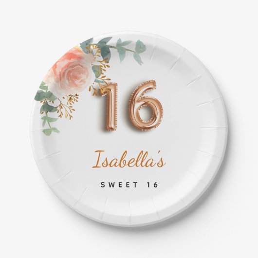 Sweet 16 floral Rose gold eucalyptus monogramm Pappteller (Vorderseite)
