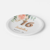 Sweet 16 floral Rose gold eucalyptus monogramm Pappteller (Schrägansicht)