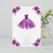Sweet 16 Floral Wasserfarbe Lila Gown Silver Folieneinladung (Stehend vorne)