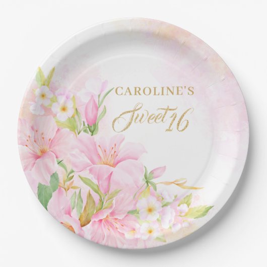 Sweet 16 Floral Watercolor Botanischer Rosa Pappteller (Vorderseite)