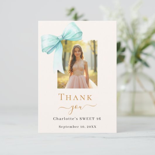 Sweet 16 Foto Bogen aquamarine grüne Creme Dankeskarte (Stehend Vorderseite)