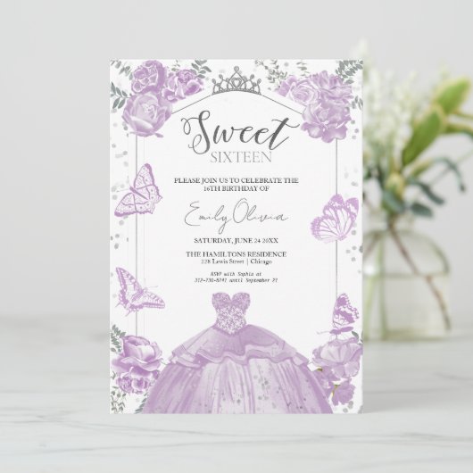 Sweet 16 Foto Einladung Butterfly Lavendel Kleid (Stehend Vorderseite)