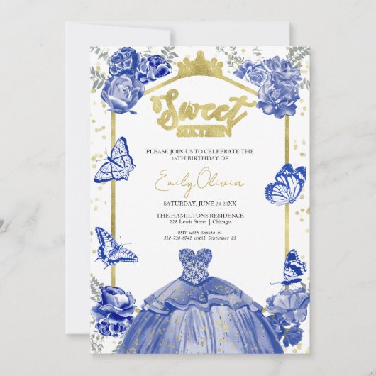 Sweet 16 Foto Einladung Royal Blue Butterfly (Vorderseite)
