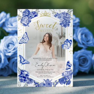 Sweet 16 Foto Einladung Royal Blue Butterfly