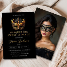 Sweet 16 Foto Geburtstag Schwarz Gold Maskerade