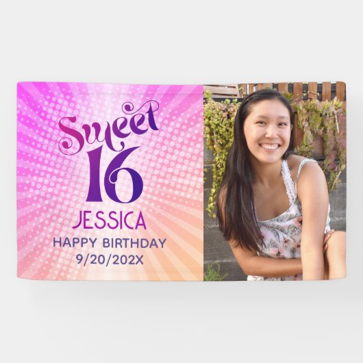 Sweet 16 Foto Groovy Pink Orange Gradient Retro Banner (Horizontal)