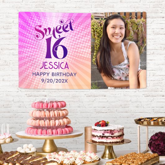 Sweet 16 Foto Groovy Pink Orange Gradient Retro Banner