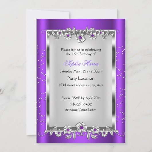 Sweet 16 Foto Lila Silver Floral Jewel Party Einladung (Rückseite)