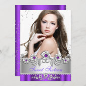 Sweet 16 Foto Lila Silver Floral Jewel Party Einladung (Vorne/Hinten)