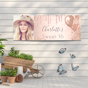 Sweet 16 Foto Rose Gold Tropfen Ballons willkommen Banner