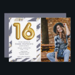 Sweet 16 Foto Sechzehnte Geburtstagsparty Einladung<br><div class="desc">Sweet 16 Geburtstagsfeier Einladung für Mädchen mit einem blauen und goldenen Blumenfoto-Design. Laden Sie ein Foto des Geburtstagsmädchens hoch und passen Sie die Vorlage mit ihren Party-Details an. Die Einladung wird in der Koordinierung blauer Farbe gedruckt und die Rückseite der Einladung ist massiv blau.</div>