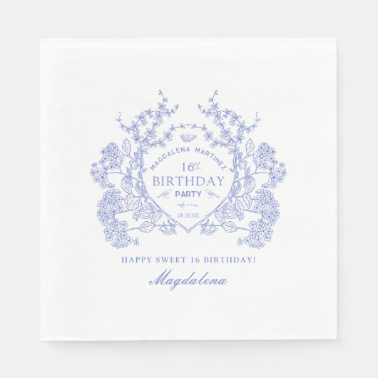 Sweet 16 French Blue Floral Wappen Custom Serviette (Vorderseite)