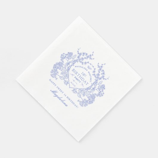 Sweet 16 French Blue Floral Wappen Custom Serviette (Ecke)